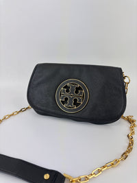Tory Burch Amanda Logo Clutch Black Pebbled Leather with Chain