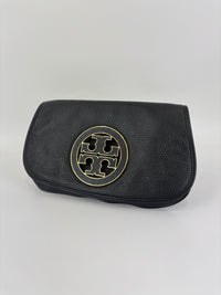 Tory Burch Amanda Logo Clutch Black Pebbled Leather with Chain
