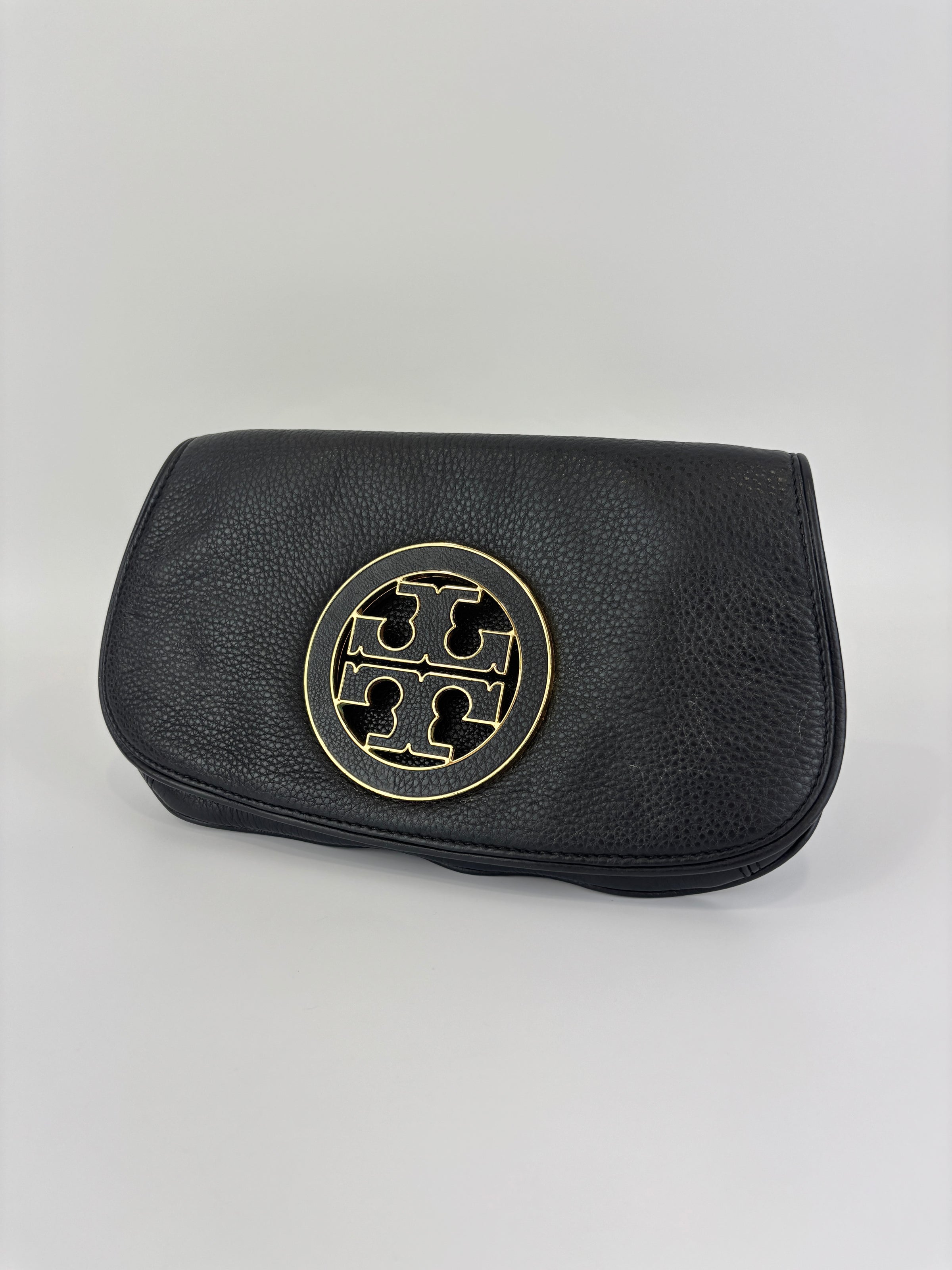 Tory Burch Amanda Logo Clutch Black Pebbled Leather with Chain
