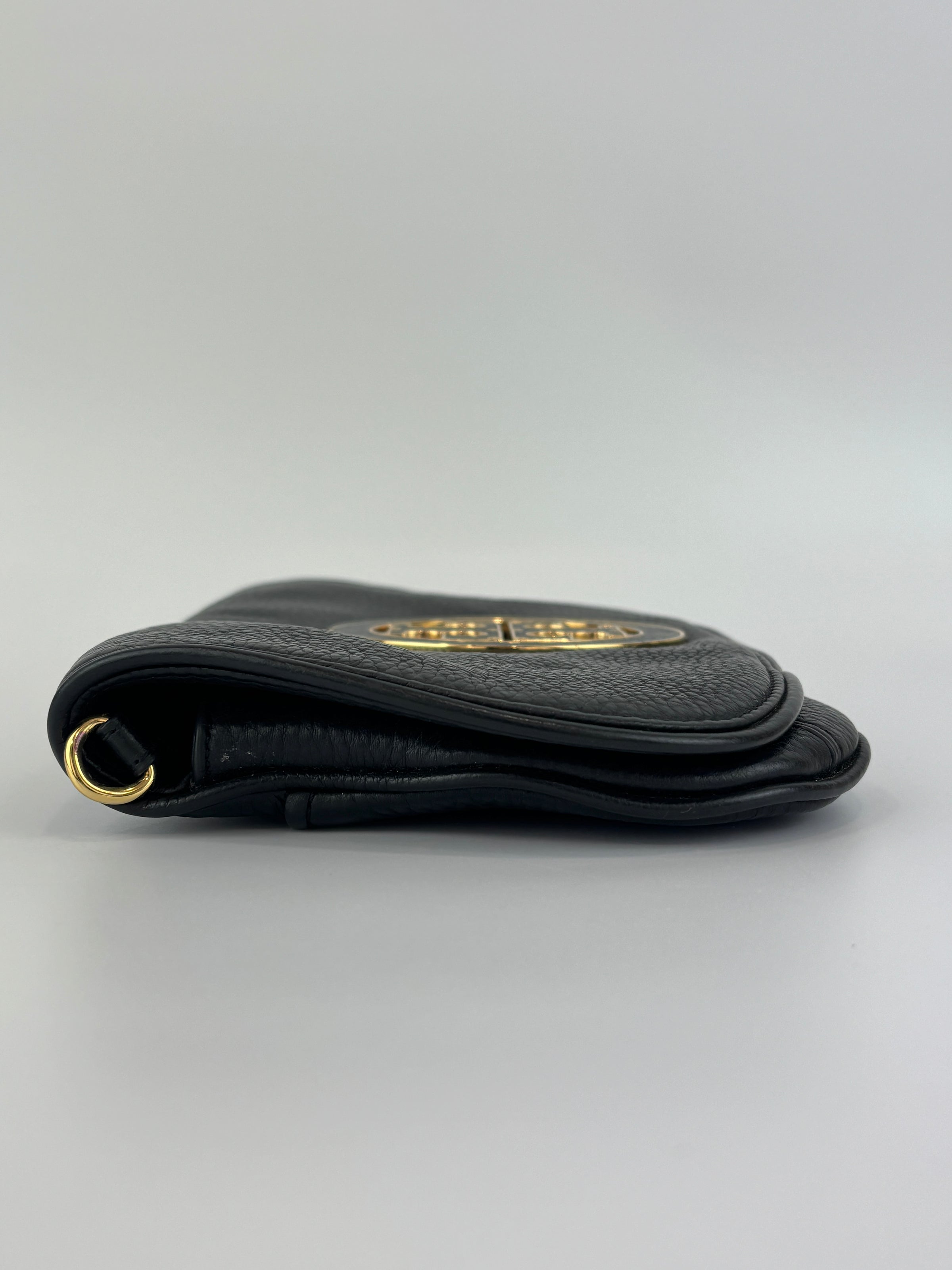 Tory Burch Amanda Logo Clutch Black Pebbled Leather with Chain