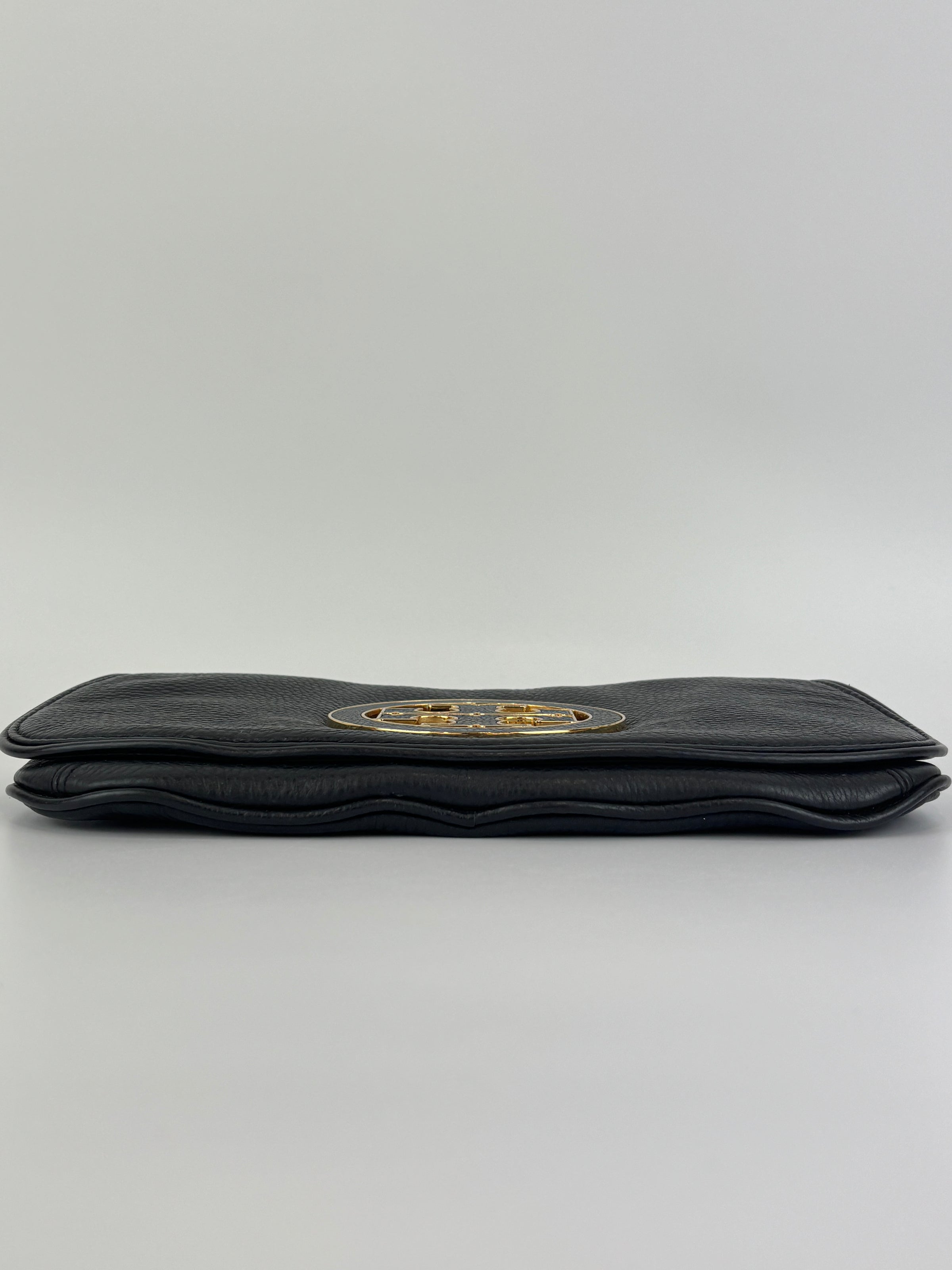 Tory Burch Amanda Logo Clutch Black Pebbled Leather with Chain