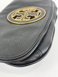Tory Burch Amanda Logo Clutch Black Pebbled Leather with Chain