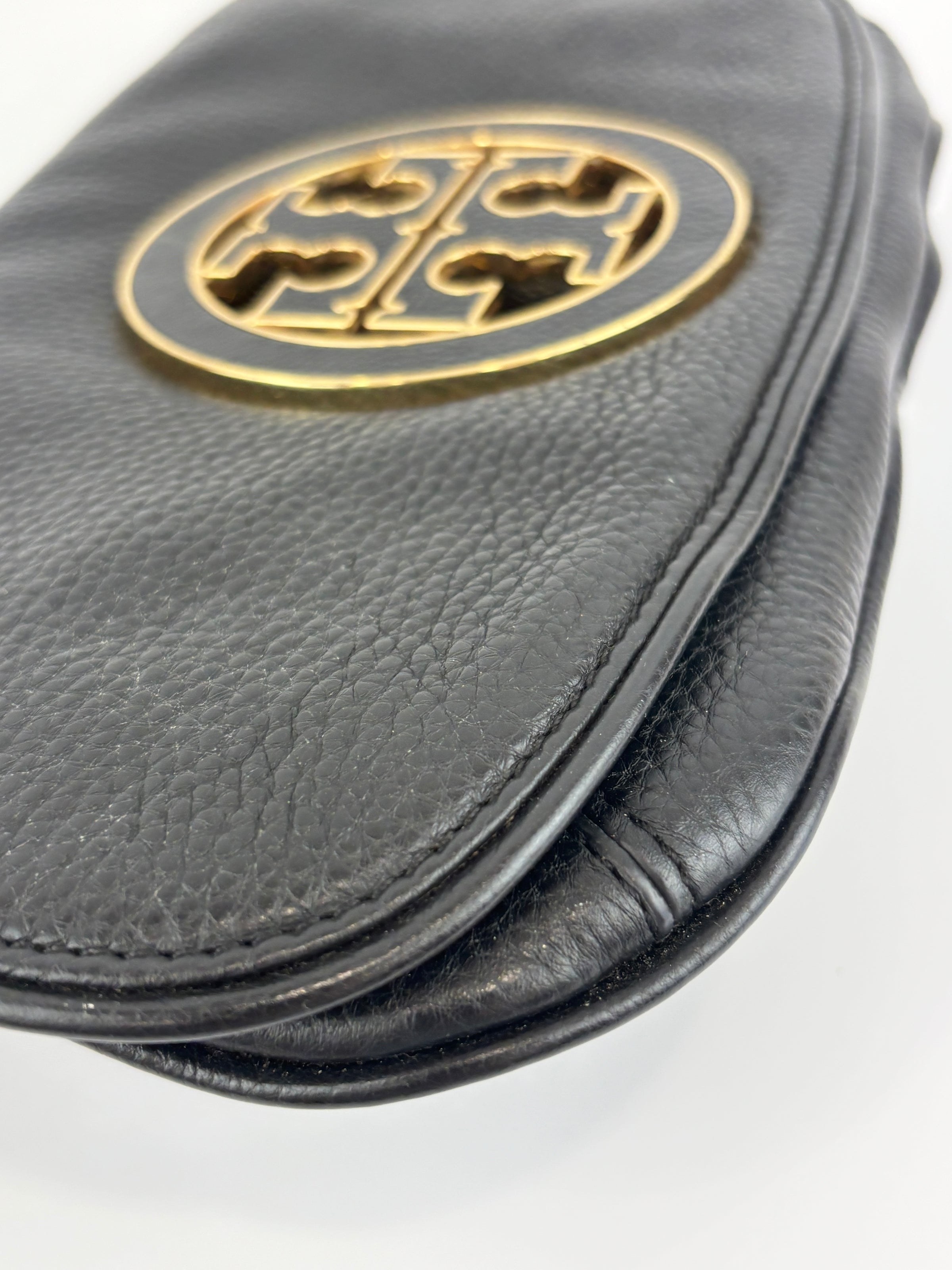 Tory Burch Amanda Logo Clutch Black Pebbled Leather with Chain