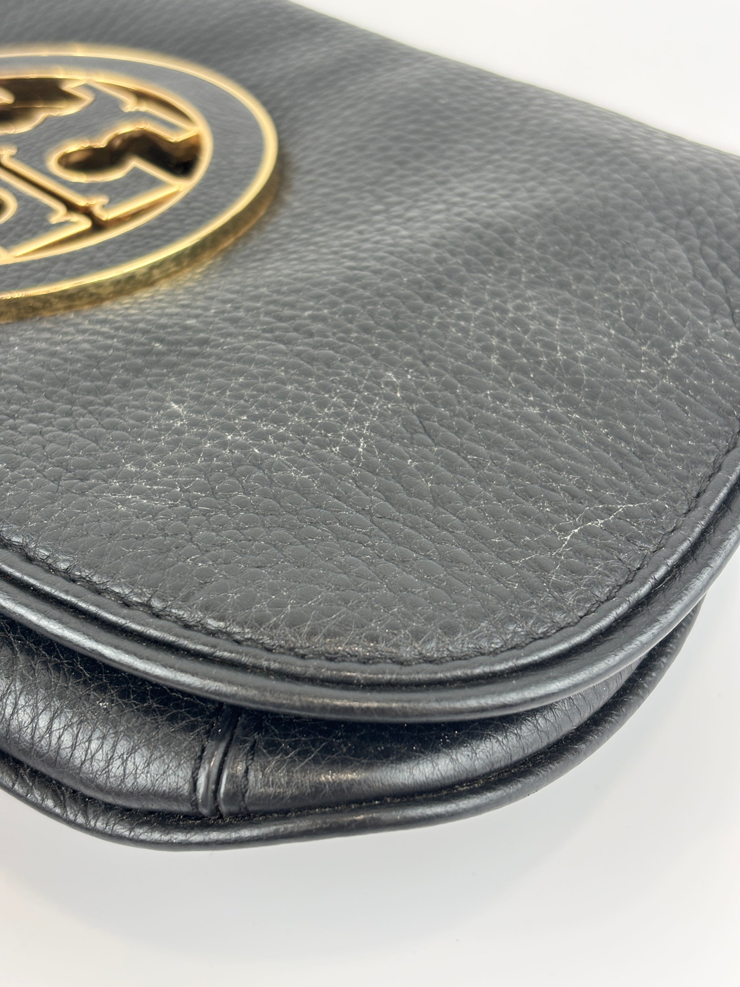 Tory Burch Amanda Logo Clutch Black Pebbled Leather with Chain
