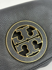 Tory Burch Amanda Logo Clutch Black Pebbled Leather with Chain