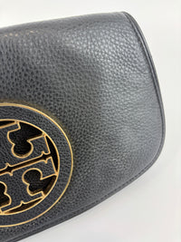 Tory Burch Amanda Logo Clutch Black Pebbled Leather with Chain