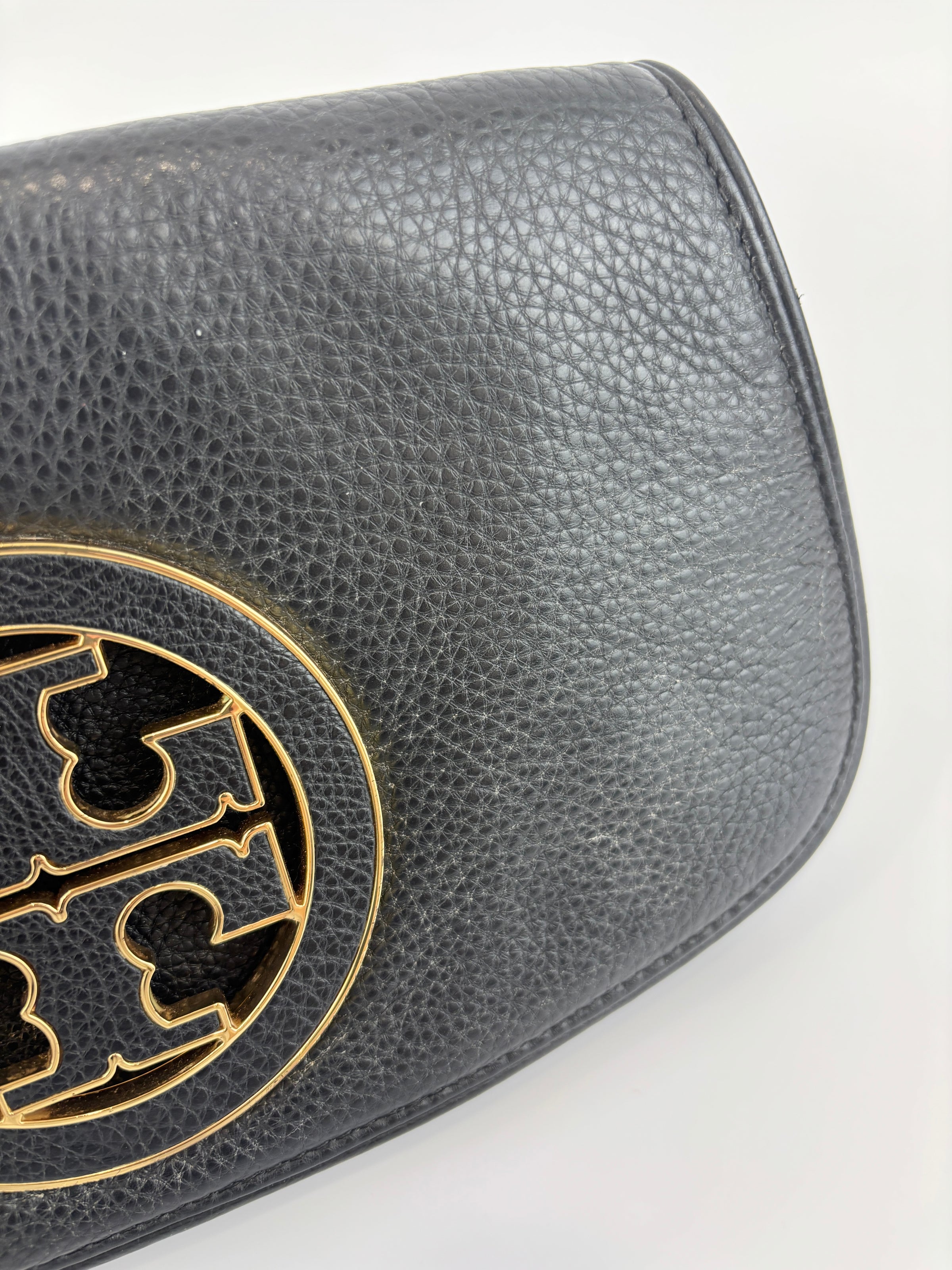 Tory Burch Amanda Logo Clutch Black Pebbled Leather with Chain