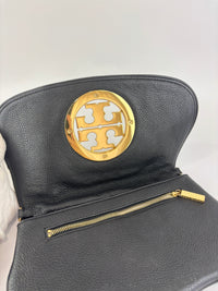 Tory Burch Amanda Logo Clutch Black Pebbled Leather with Chain