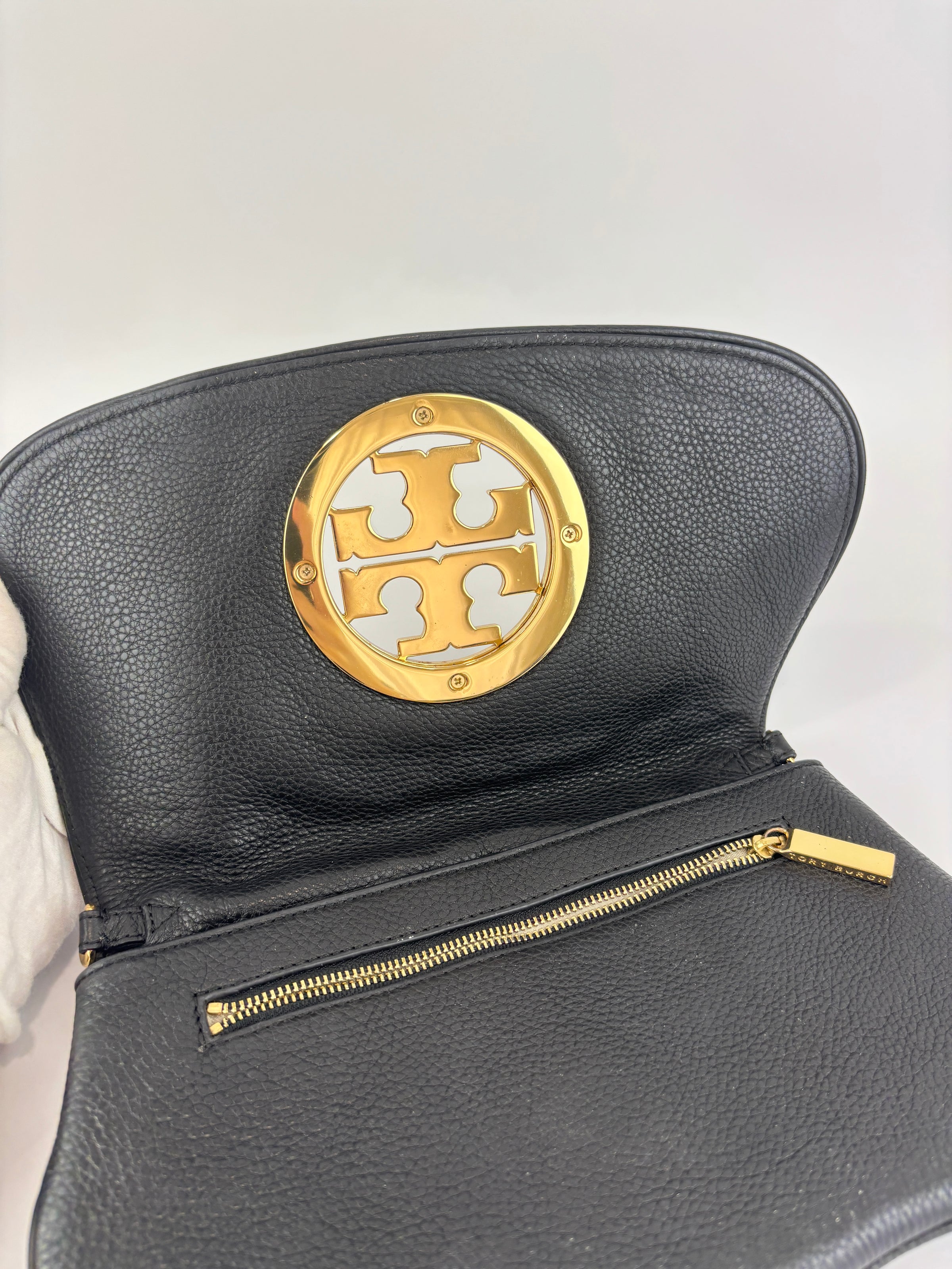 Tory Burch Amanda Logo Clutch Black Pebbled Leather with Chain