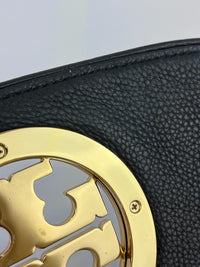 Tory Burch Amanda Logo Clutch Black Pebbled Leather with Chain