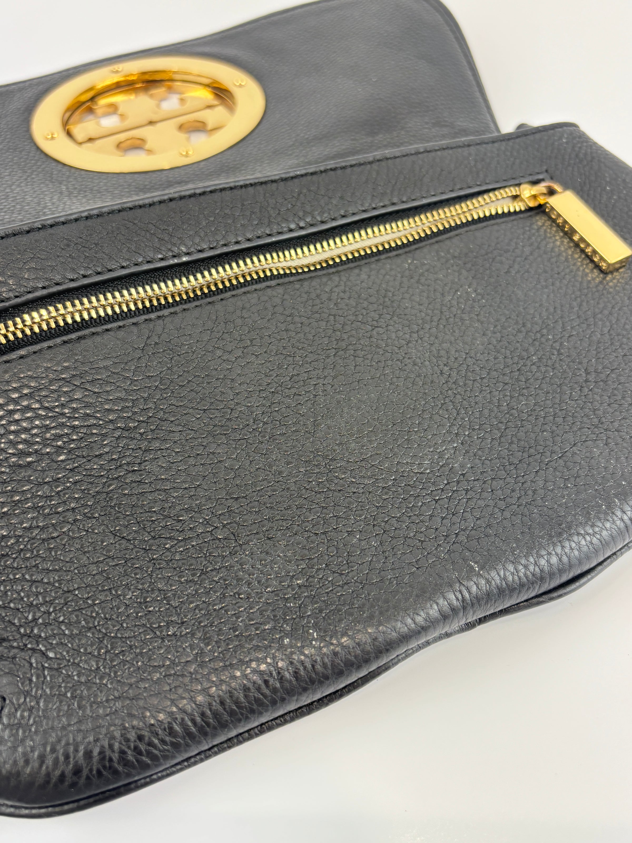Tory Burch Amanda Logo Clutch Black Pebbled Leather with Chain