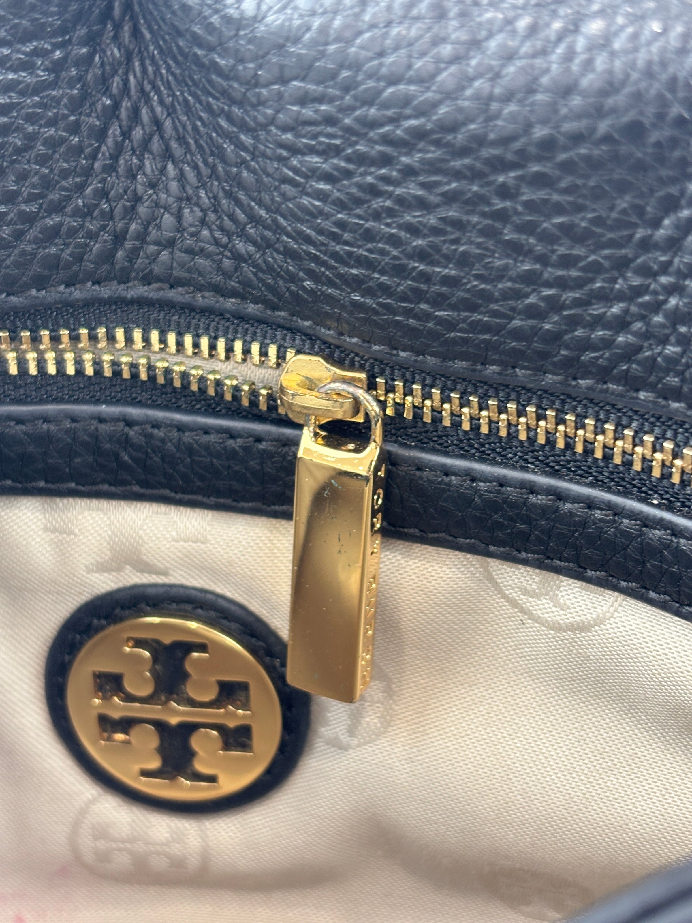 Tory Burch Amanda Logo Clutch Black Pebbled Leather with Chain