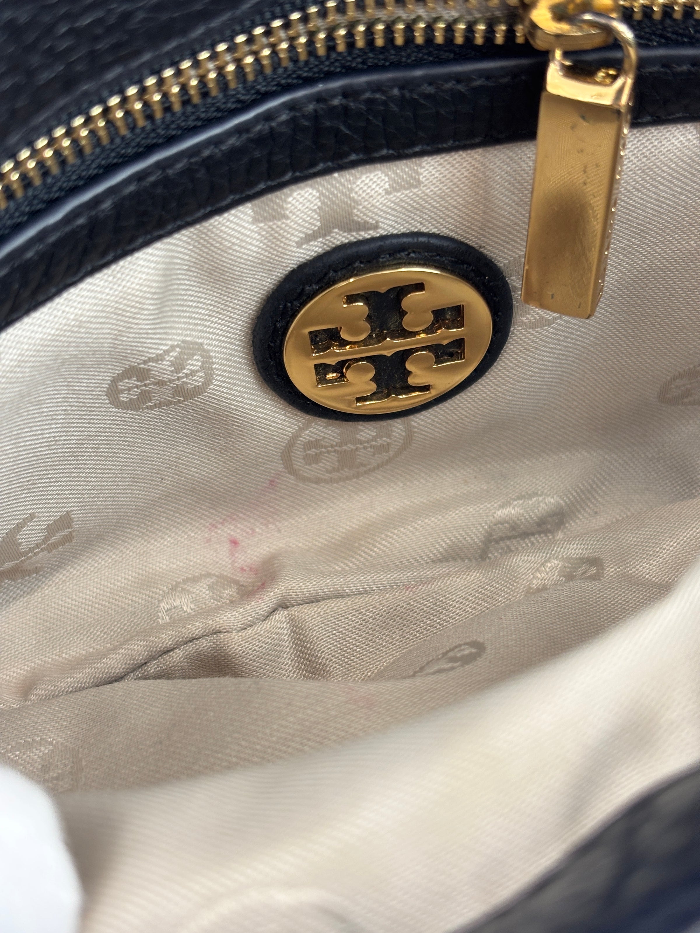 Tory Burch Amanda Logo Clutch Black Pebbled Leather with Chain