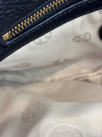 Tory Burch Amanda Logo Clutch Black Pebbled Leather with Chain