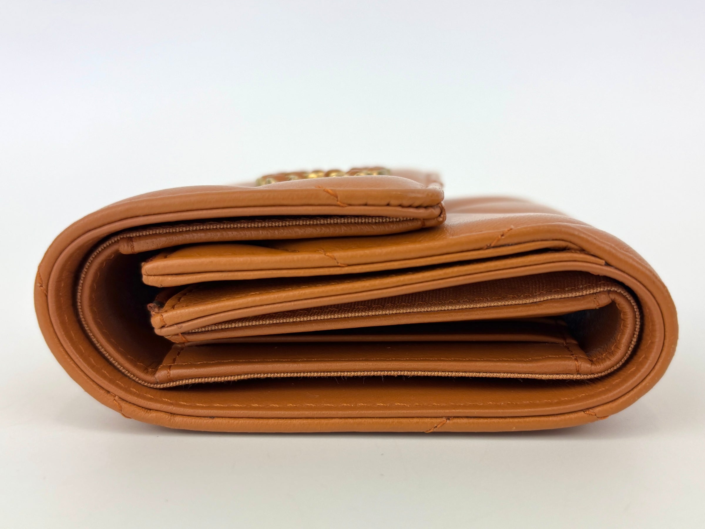 AP1064 C19 Trifold Compact Lambskin Wallet Caramel