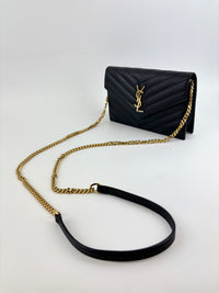 Cassandre Envelope Chain Wallet in Black Grain De Poudre Leather - Glampot