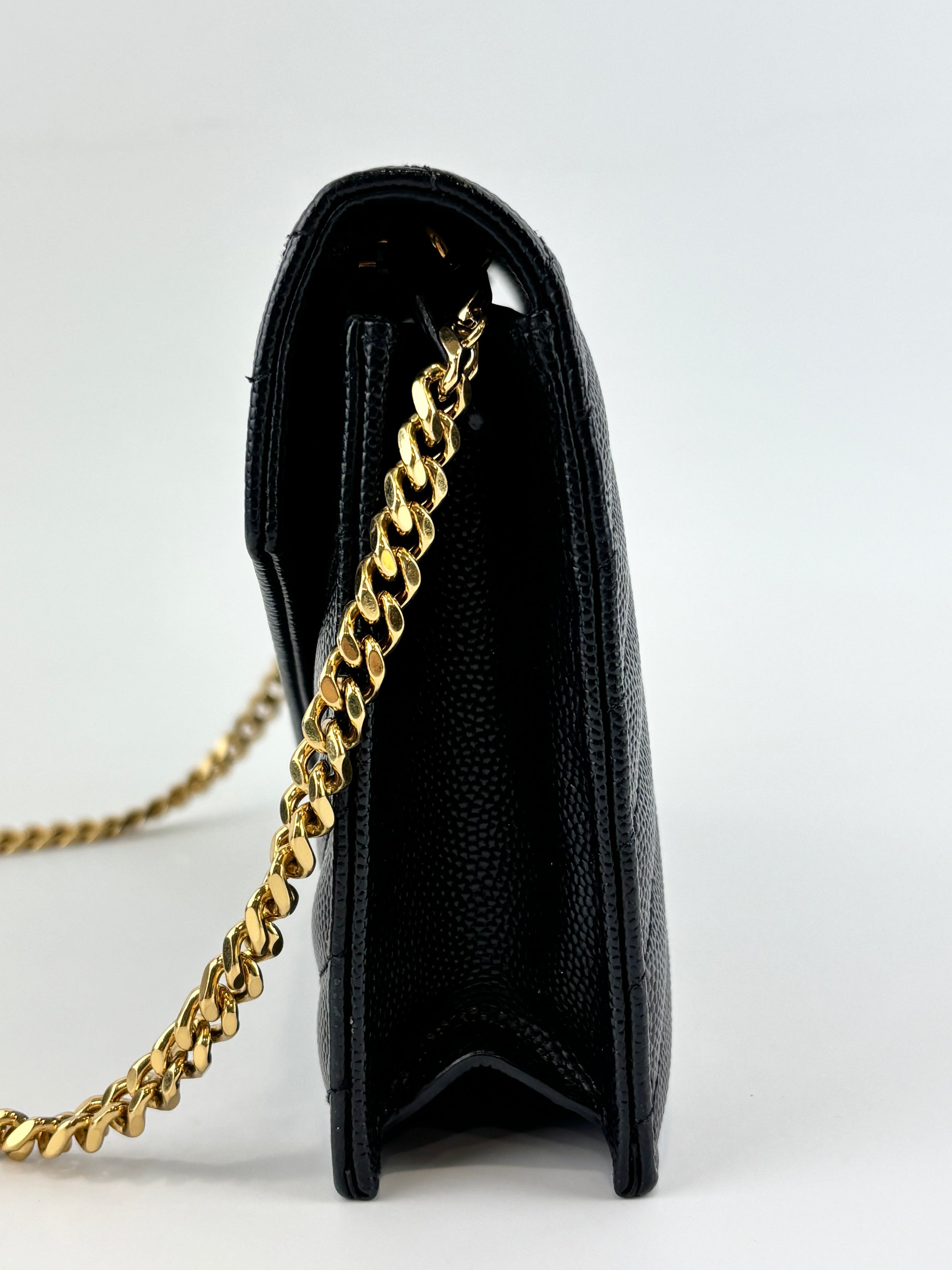 Cassandre Envelope Chain Wallet in Black Grain De Poudre Leather - Glampot