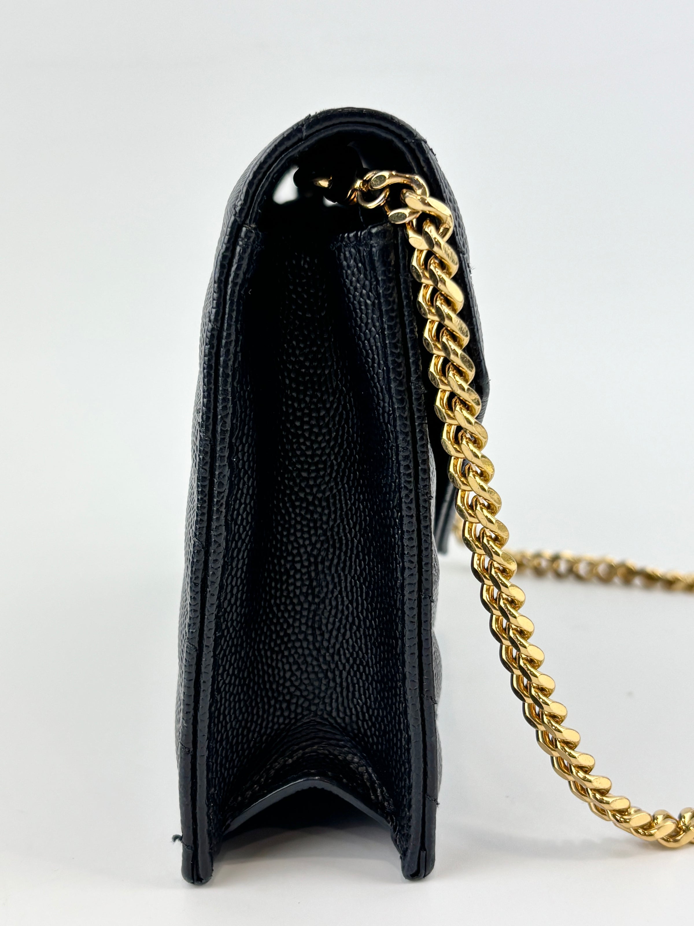 Cassandre Envelope Chain Wallet in Black Grain De Poudre Leather - Glampot