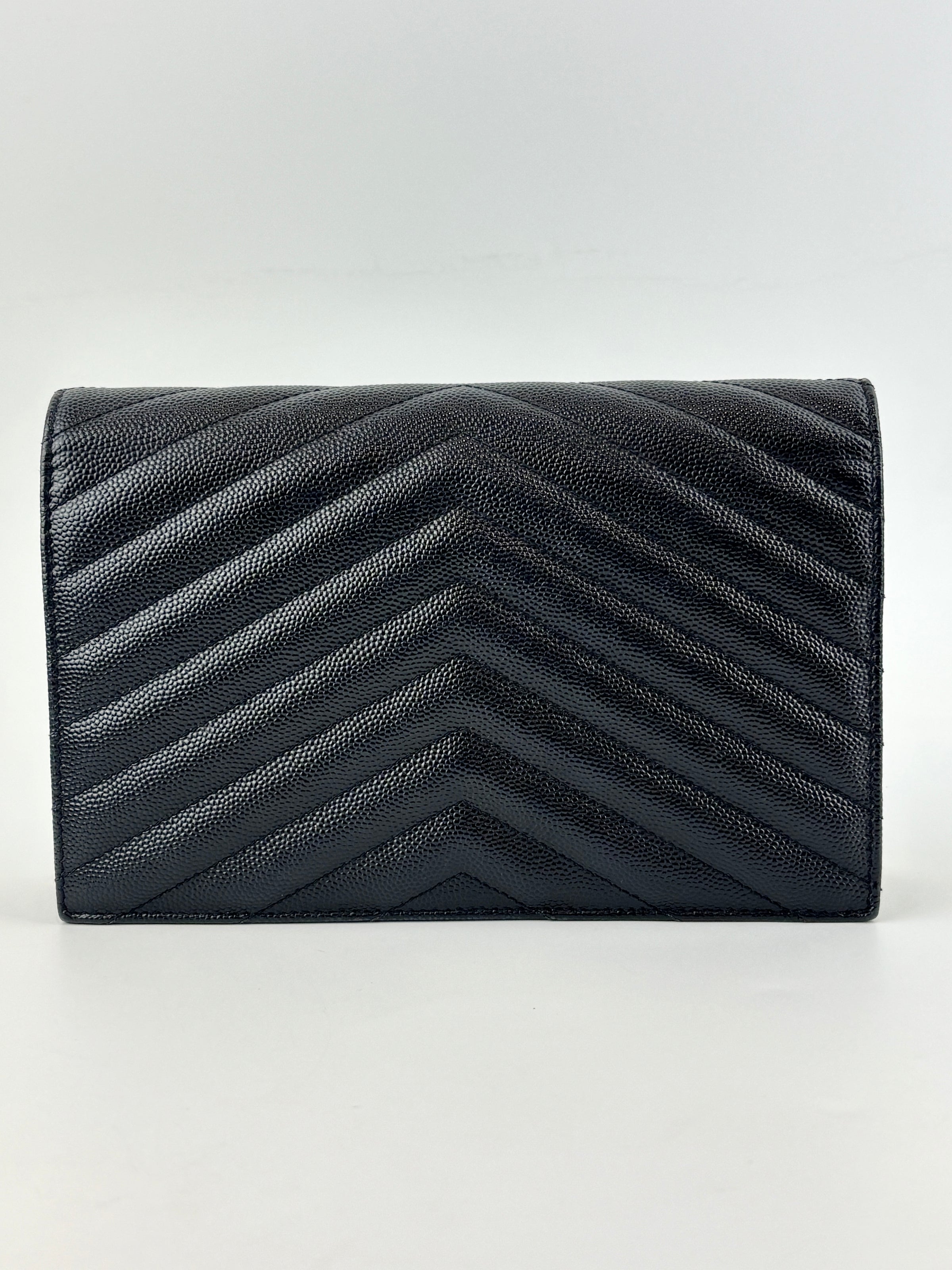 Cassandre Envelope Chain Wallet in Black Grain De Poudre Leather - Glampot