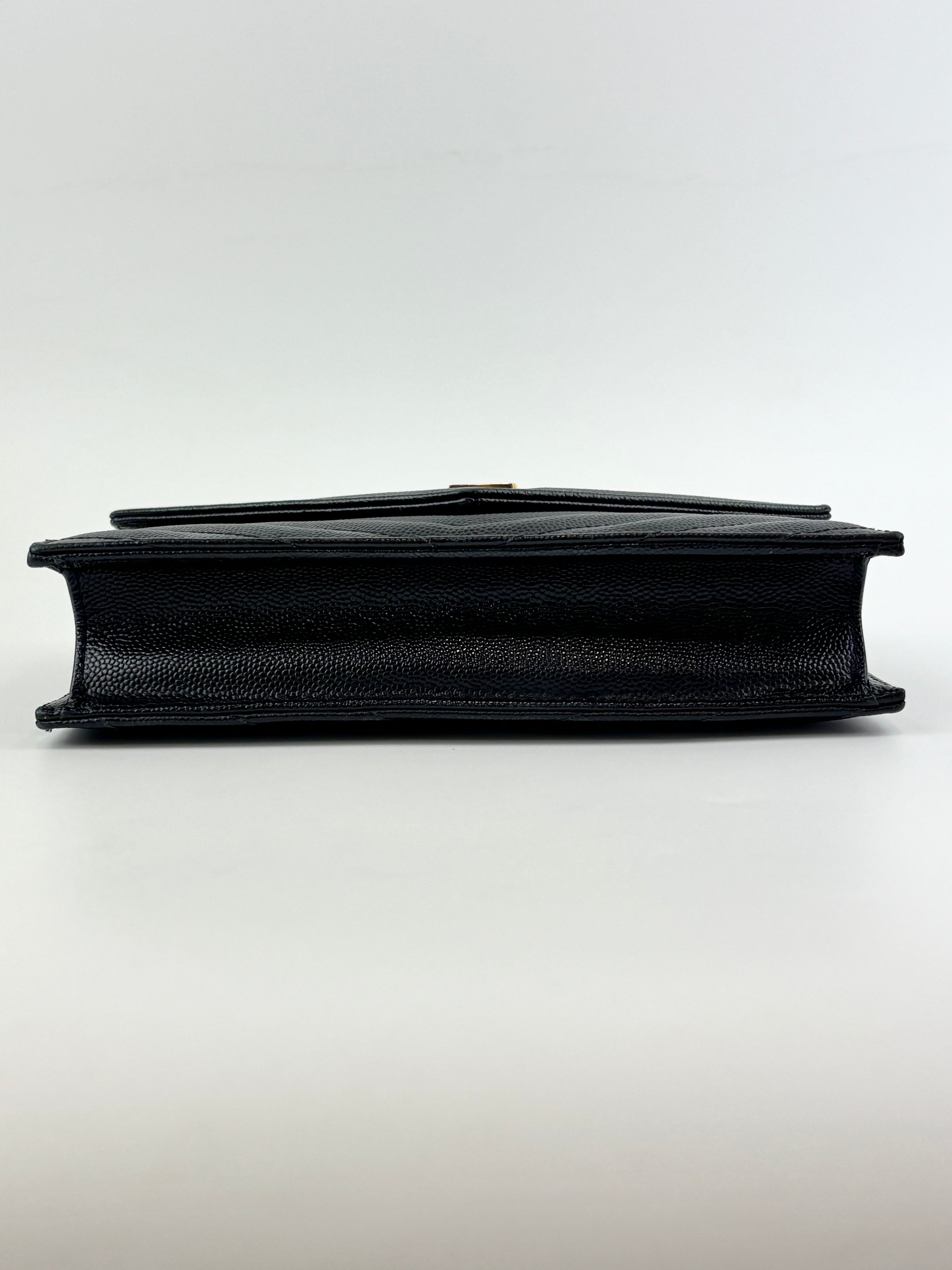 Cassandre Envelope Chain Wallet in Black Grain De Poudre Leather - Glampot