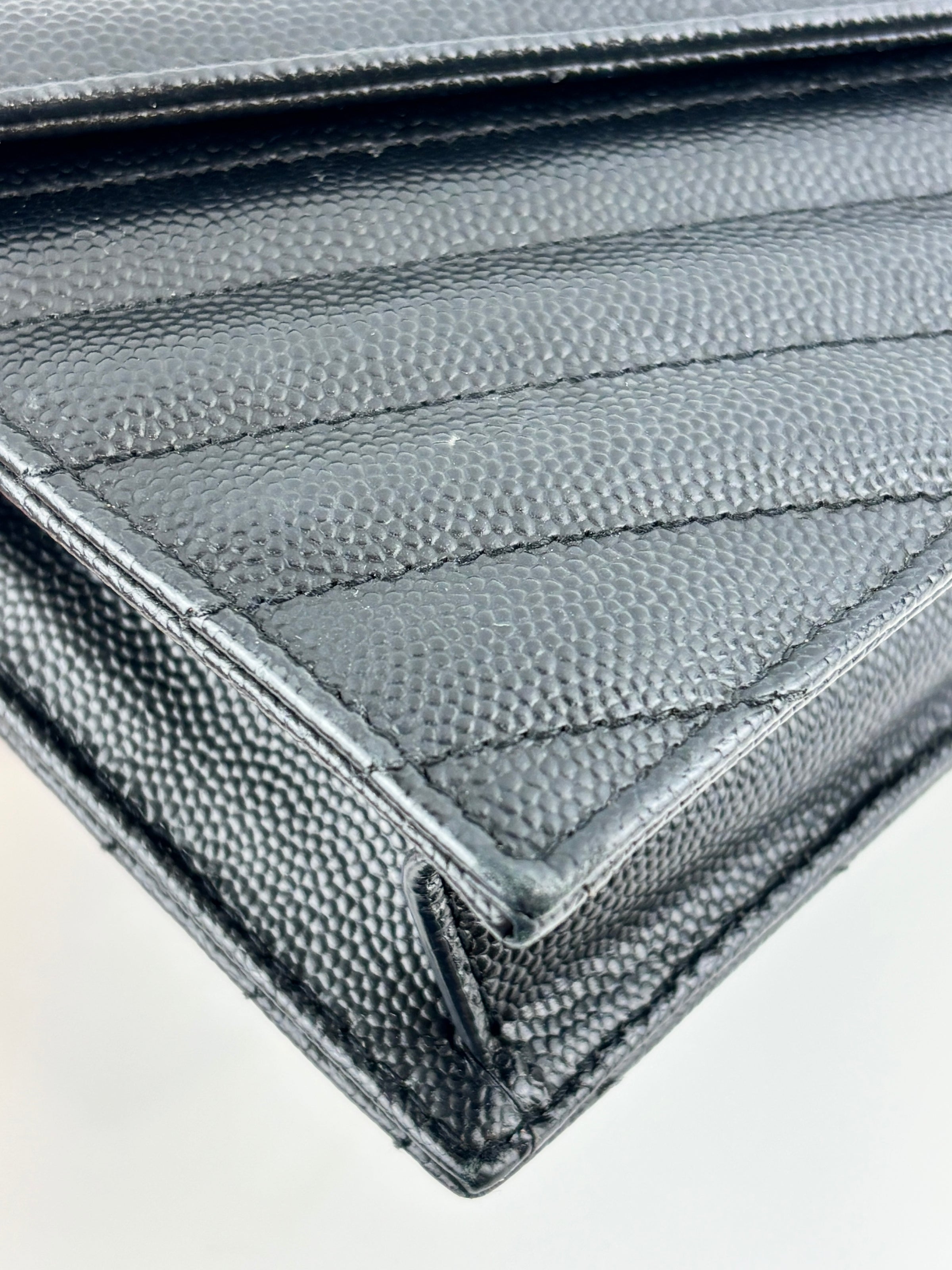 Cassandre Envelope Chain Wallet in Black Grain De Poudre Leather - Glampot