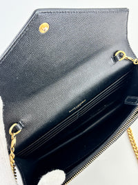 Cassandre Envelope Chain Wallet in Black Grain De Poudre Leather - Glampot