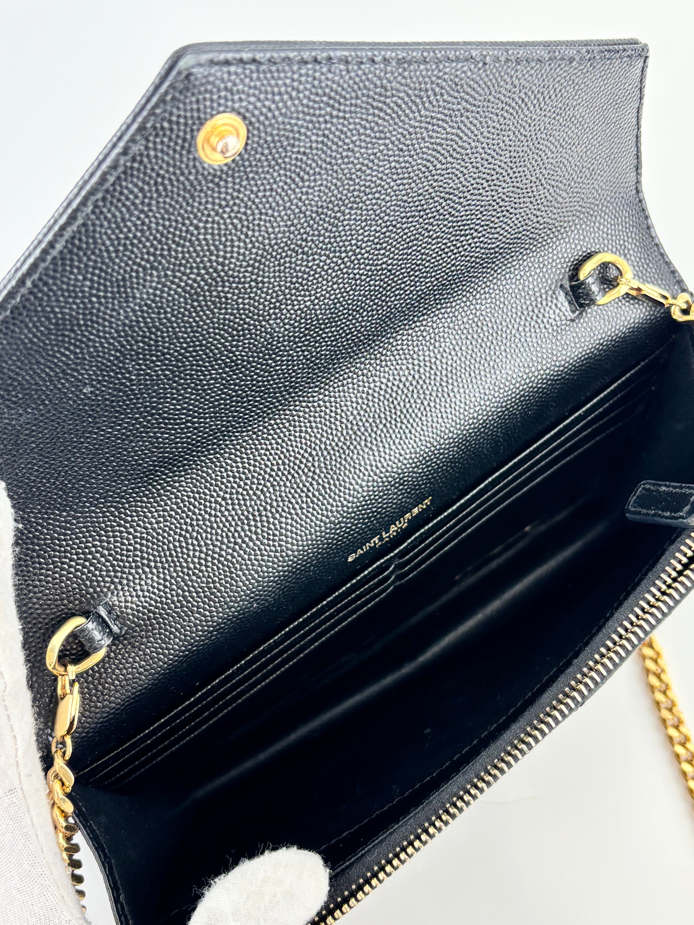 Cassandre Envelope Chain Wallet in Black Grain De Poudre Leather - Glampot