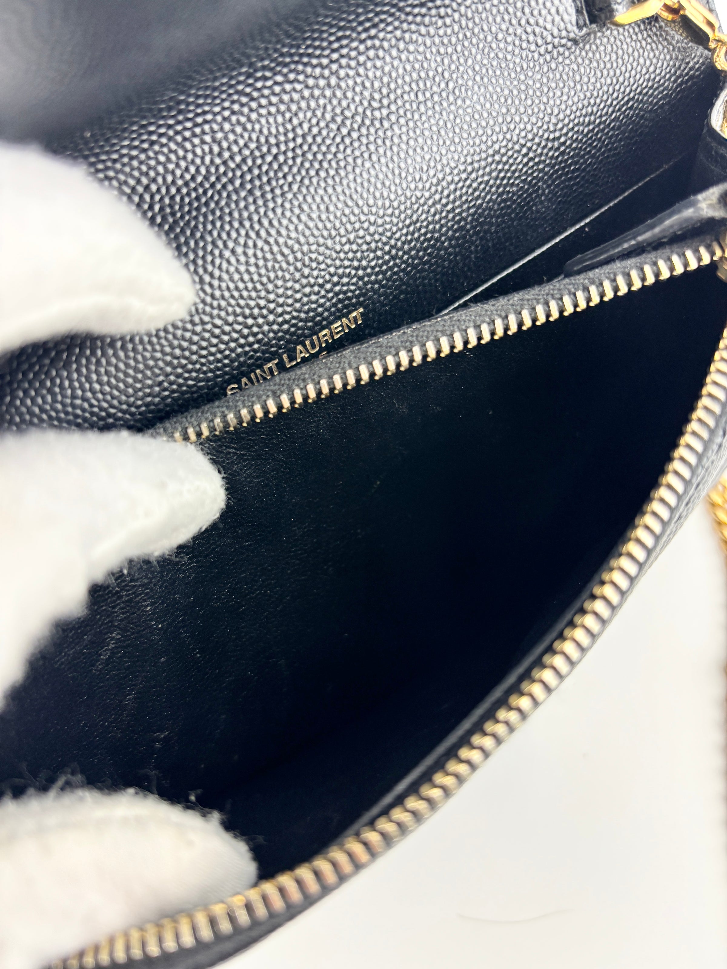 Cassandre Envelope Chain Wallet in Black Grain De Poudre Leather - Glampot