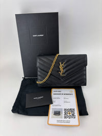 Cassandre Envelope Chain Wallet in Black Grain De Poudre Leather - Glampot