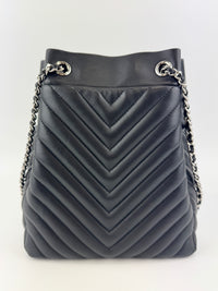 Small Chevron Urban Spirit Drawstring Bucket Bag Black Calfskin SHW - Glampot