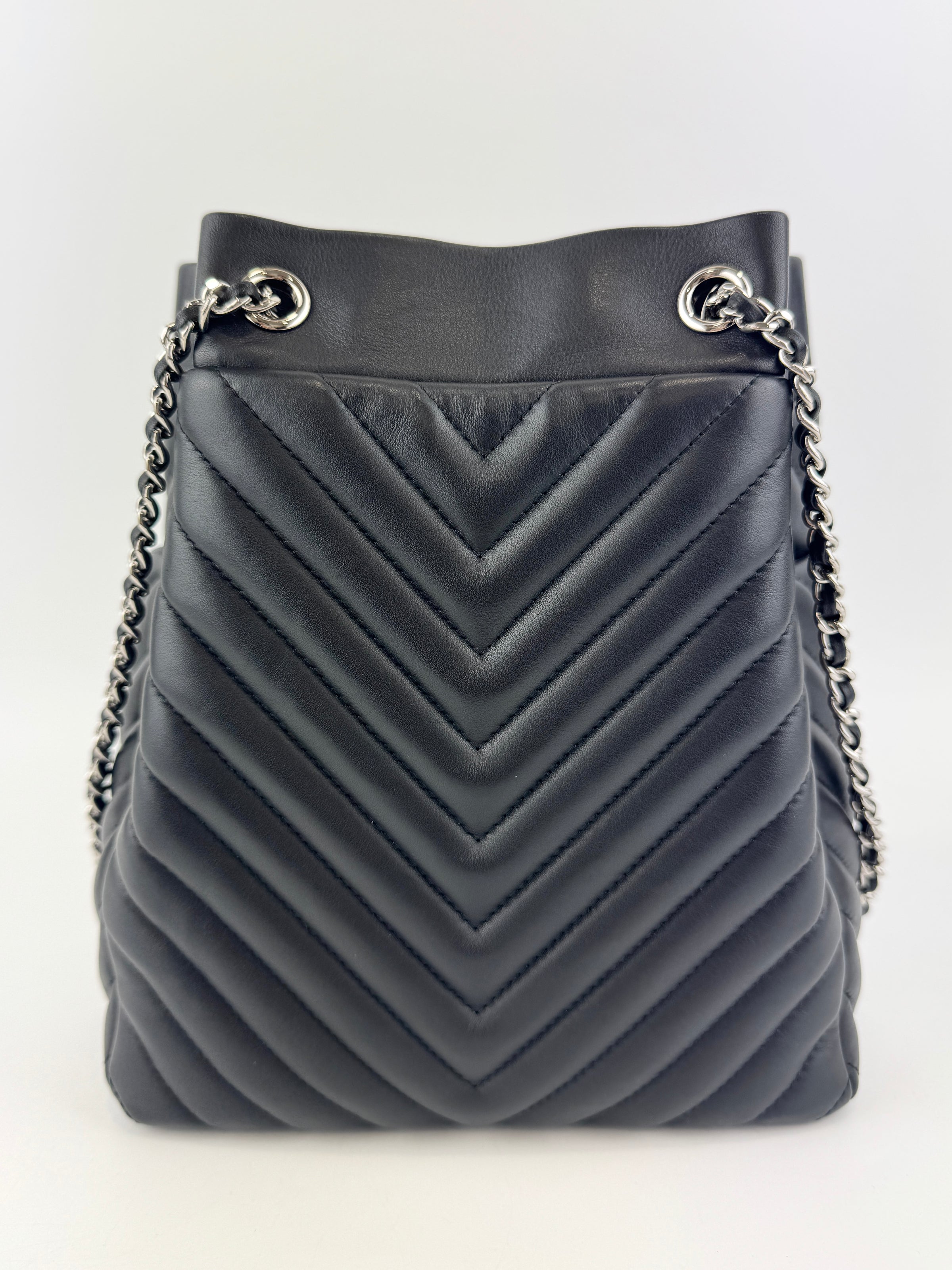 Small Chevron Urban Spirit Drawstring Bucket Bag Black Calfskin SHW - Glampot