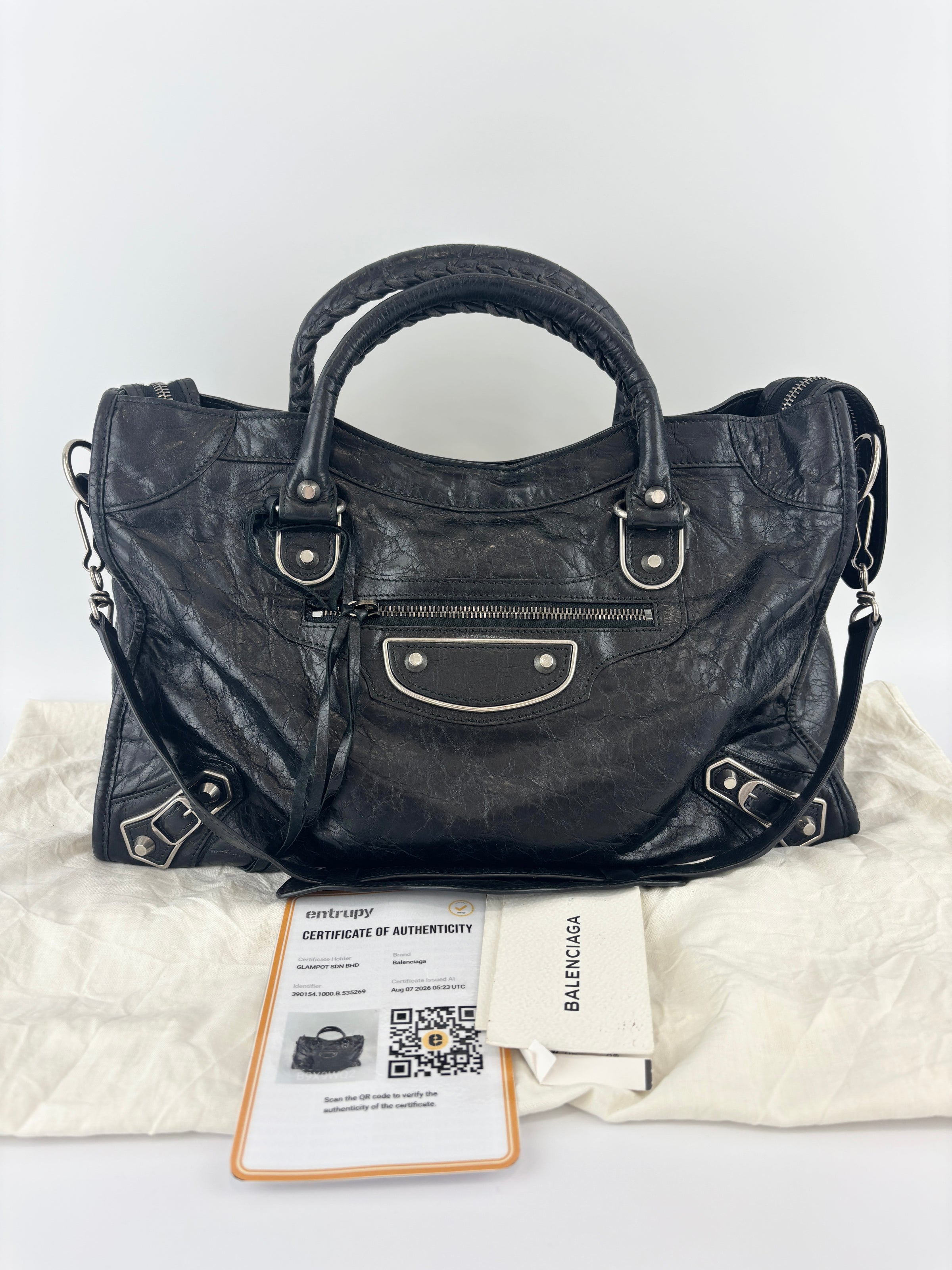 Metallic Edge City Bag in Black Lambskin SHW