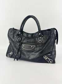 Metallic Edge City Bag in Black Lambskin SHW