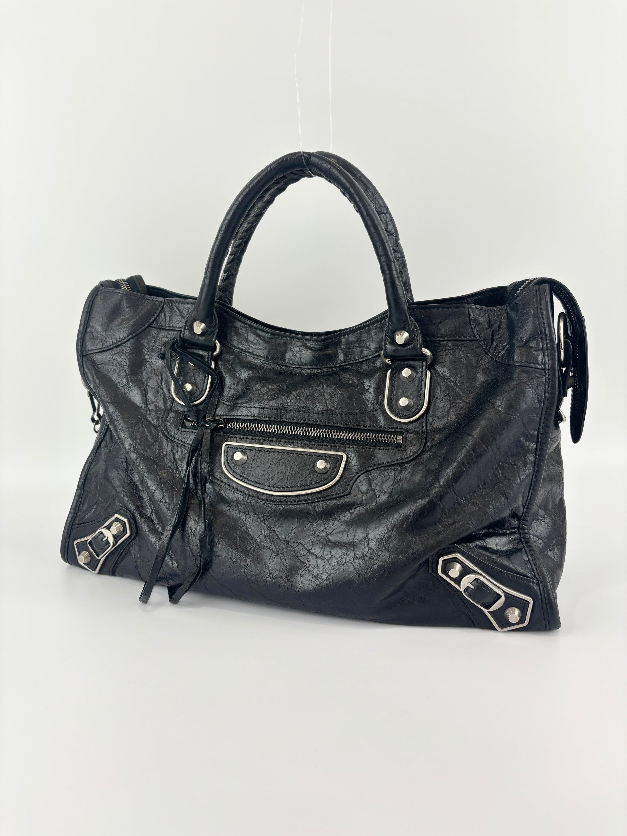 Metallic Edge City Bag in Black Lambskin SHW