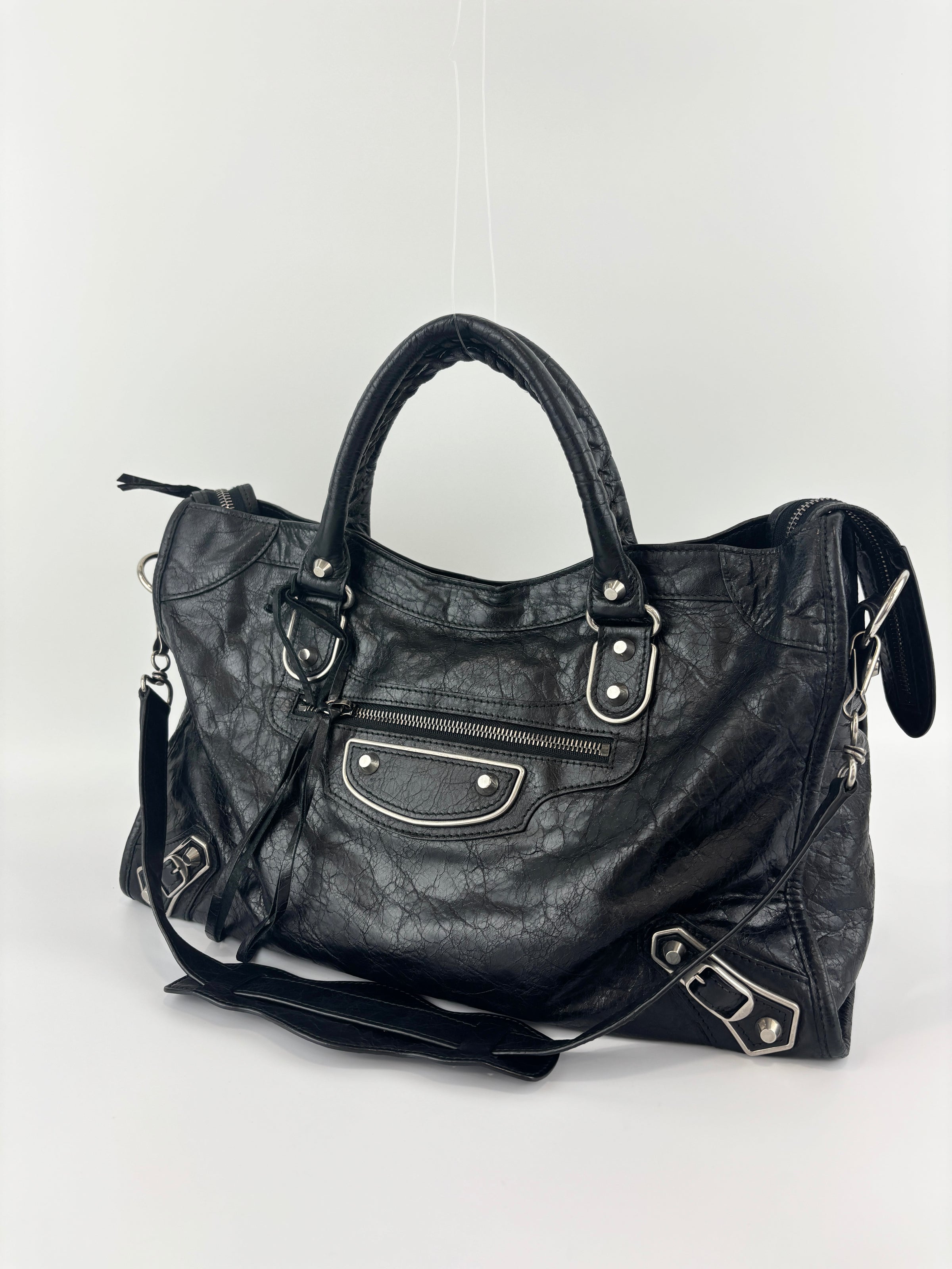 Metallic Edge City Bag in Black Lambskin SHW