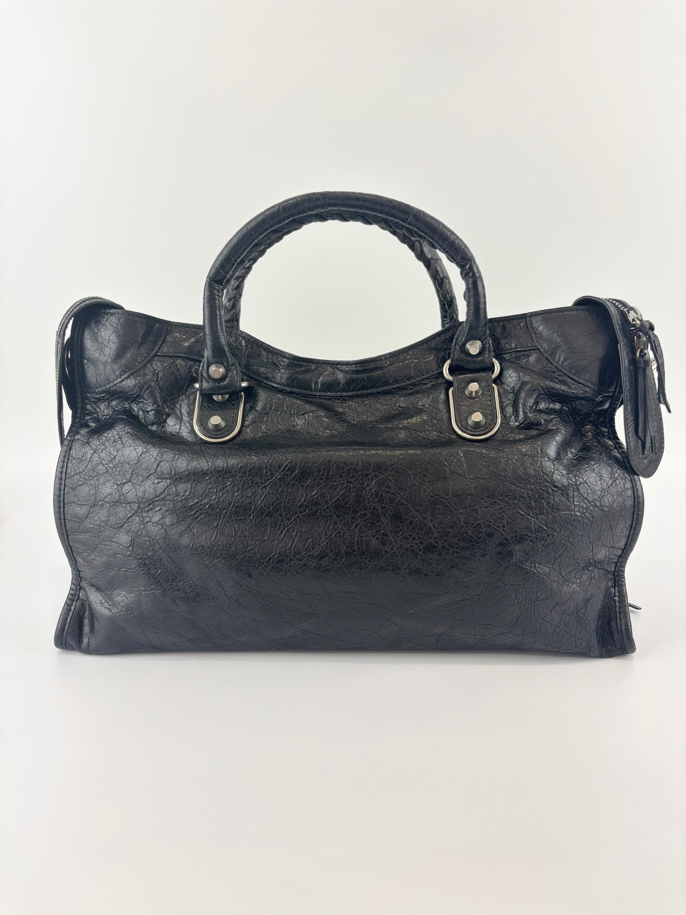 Metallic Edge City Bag in Black Lambskin SHW