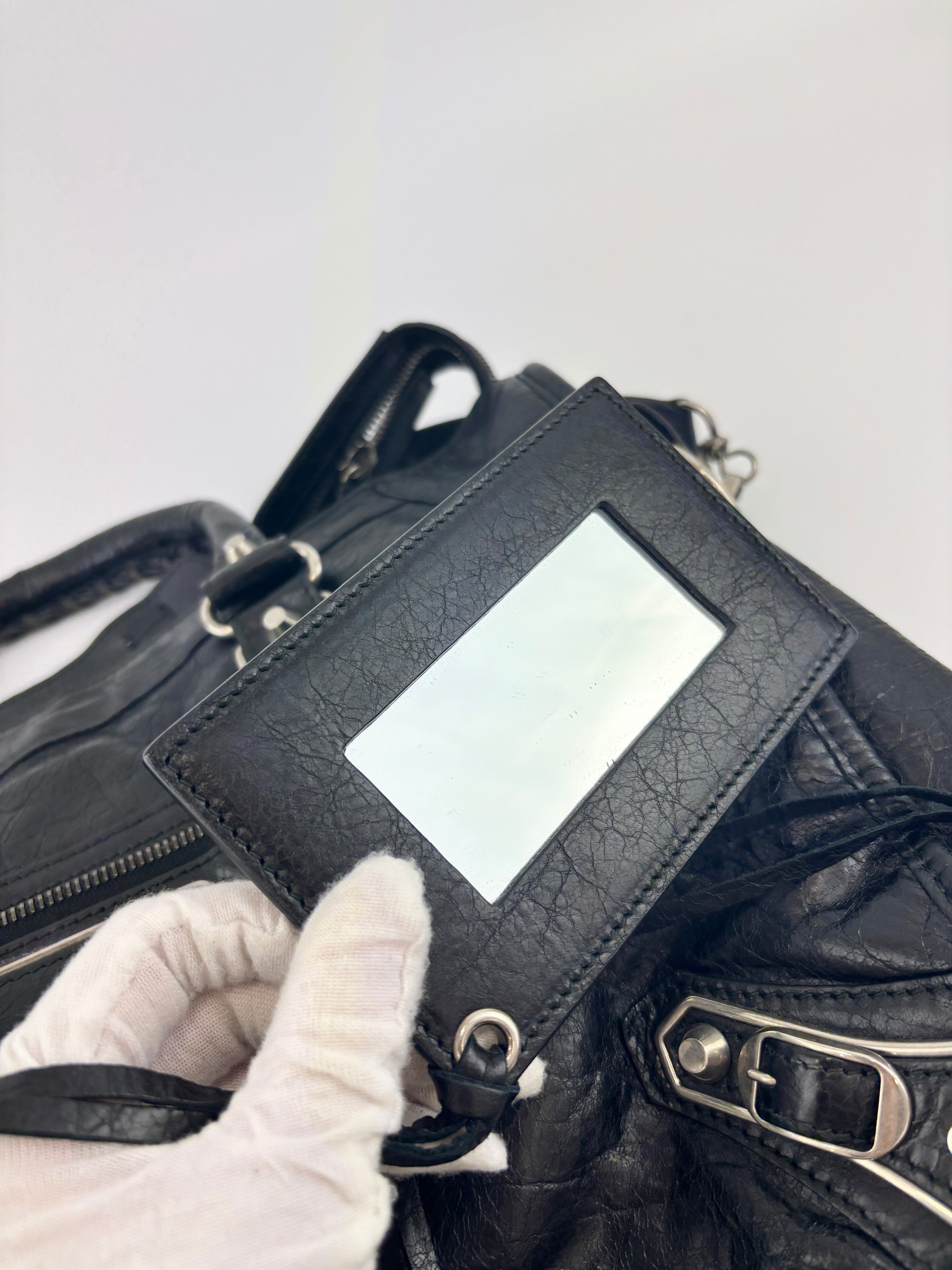 Metallic Edge City Bag in Black Lambskin SHW