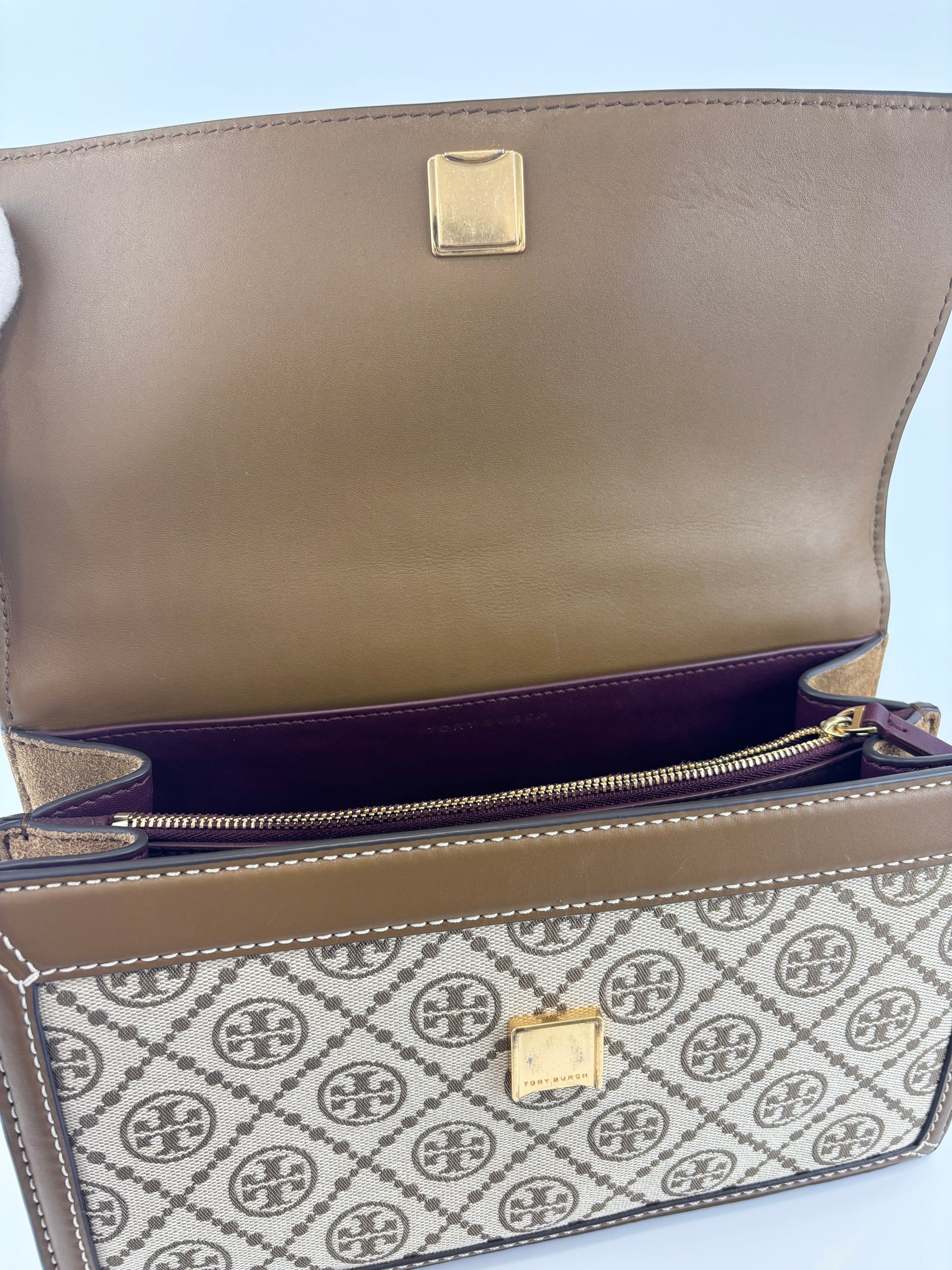 T Monogram Hazelnut Jacquard Shoulder Bag GHW