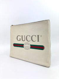 White Leather Logo Print Portfolio Clutch Bag