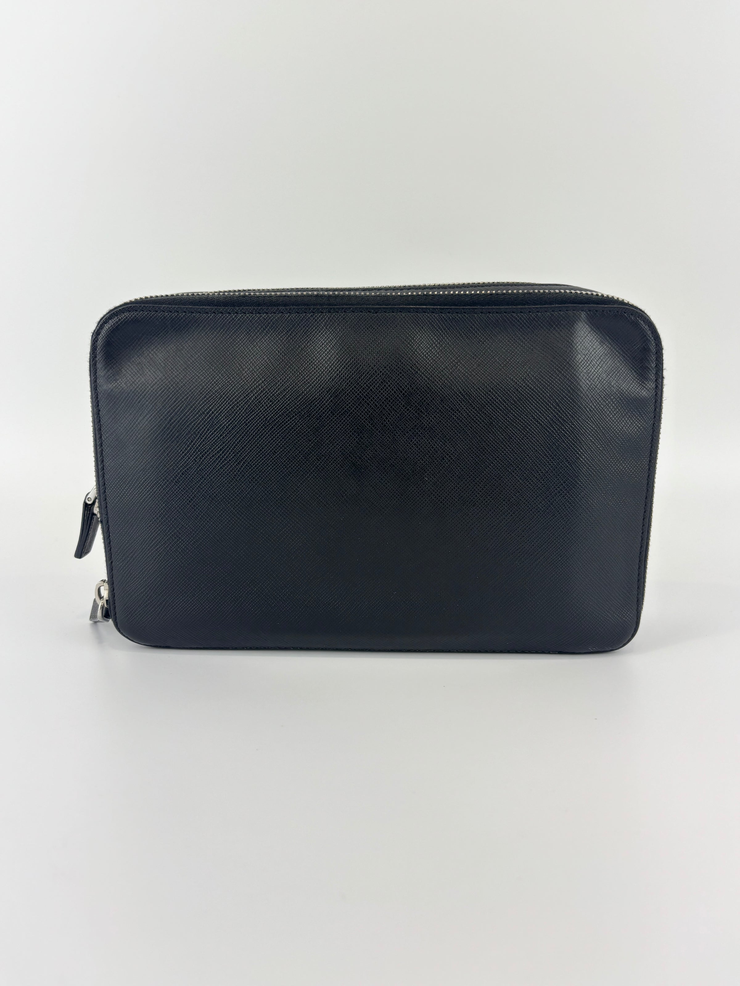 Black Saffiano Leather Portfolio Zip Clutch