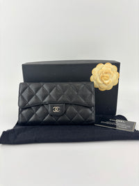 Black Caviar Quilted Classic Flap Wallet SHW
