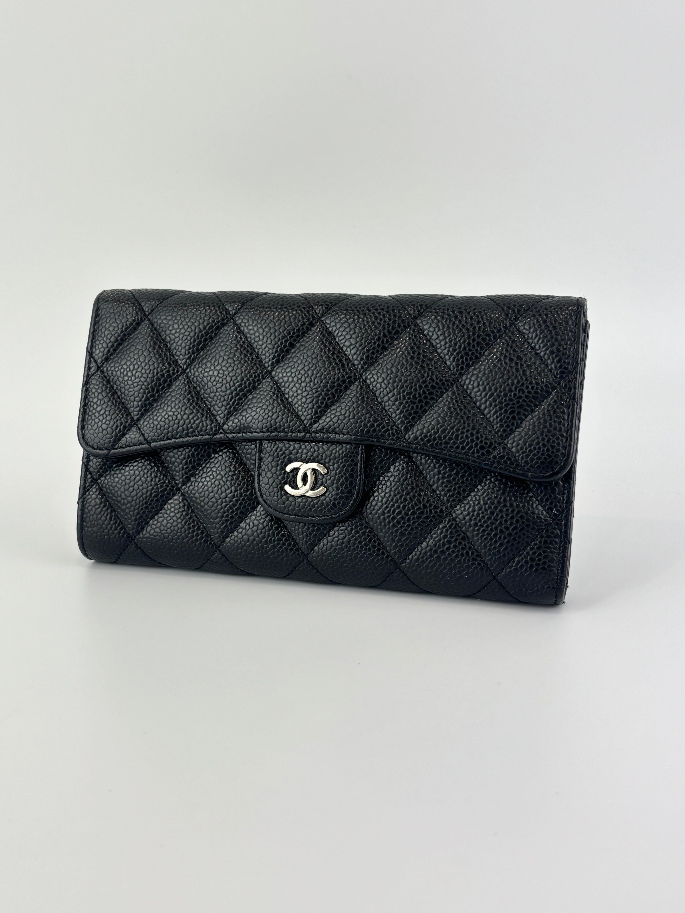 Black Caviar Quilted Classic Flap Wallet SHW