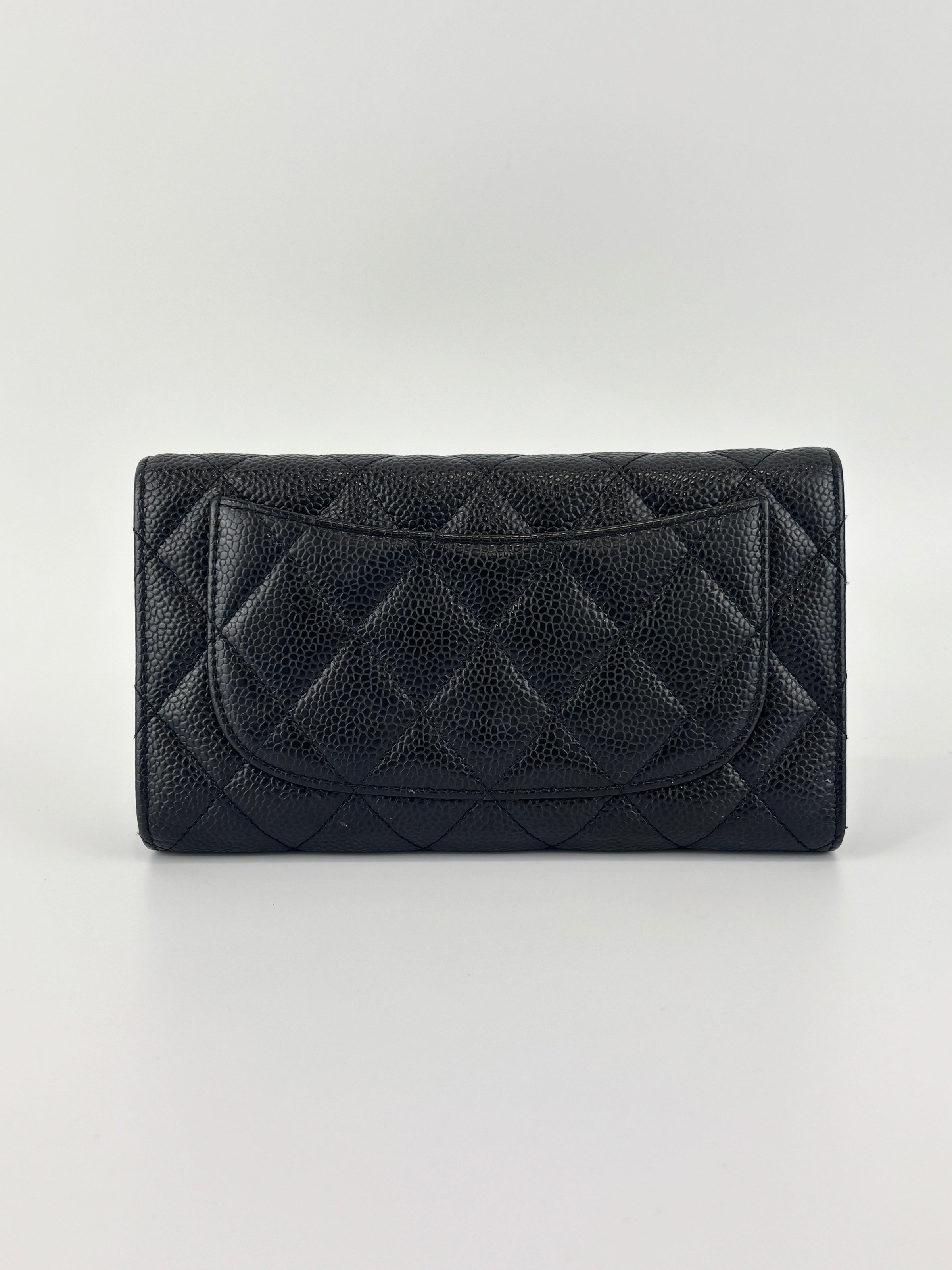 Black Caviar Quilted Classic Flap Wallet SHW