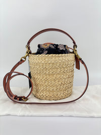 Bucket Straw Bag with Floral Print Interior