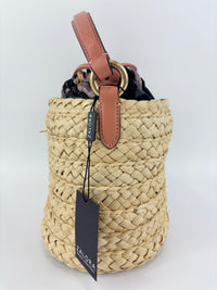 Bucket Straw Bag with Floral Print Interior