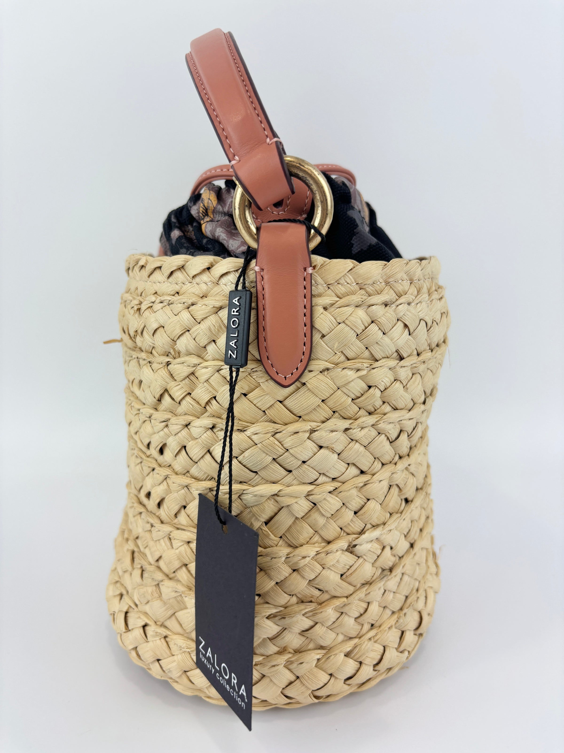 Bucket Straw Bag with Floral Print Interior