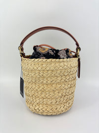 Bucket Straw Bag with Floral Print Interior