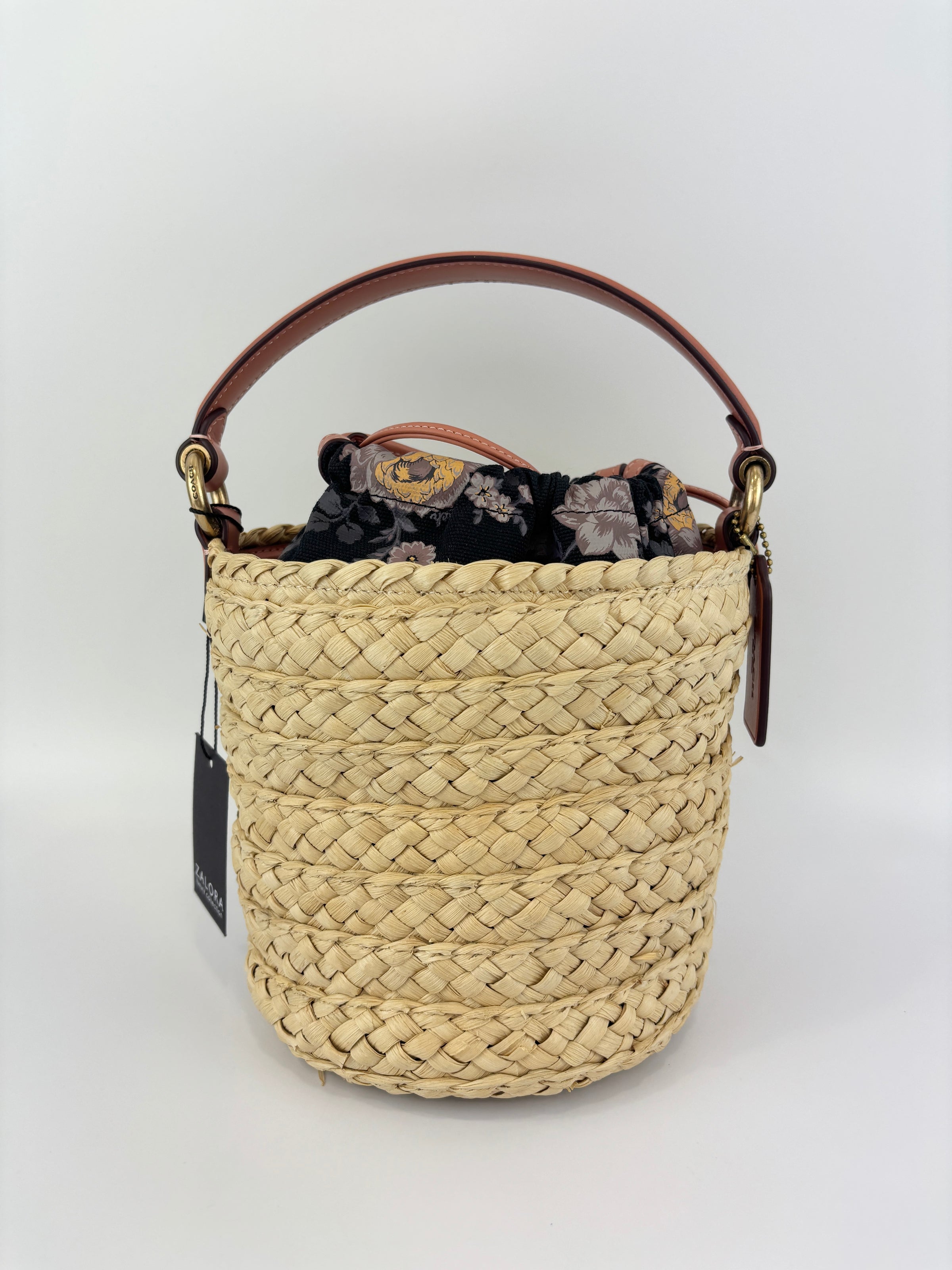 Bucket Straw Bag with Floral Print Interior