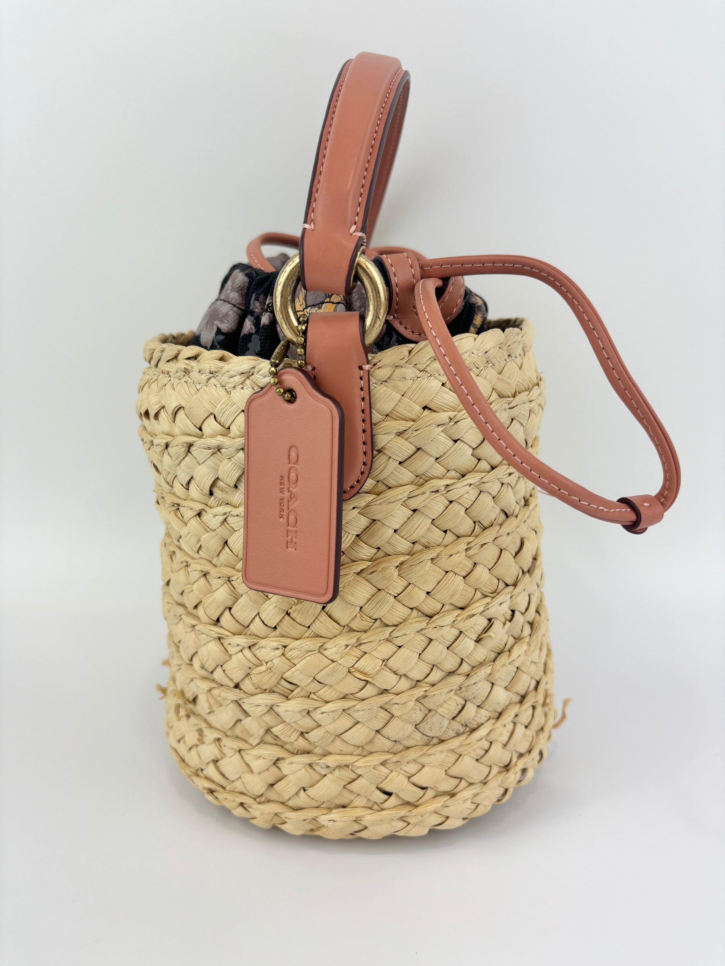 Bucket Straw Bag with Floral Print Interior