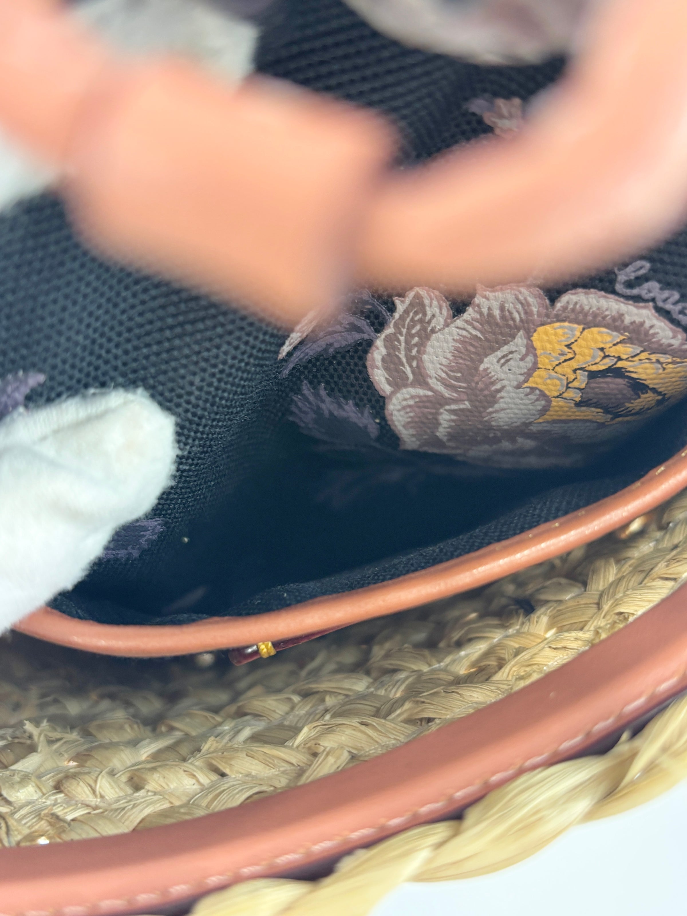 Bucket Straw Bag with Floral Print Interior